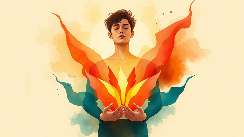 Illustration of a person peacefully holding transforming flame shapes in teal and coral