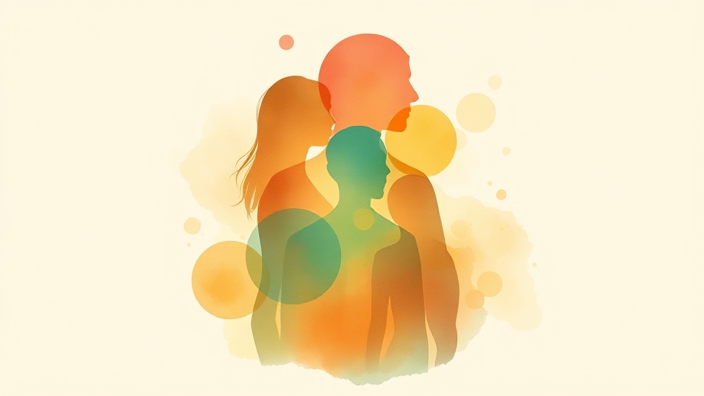 Abstract watercolor illustration of overlapping human silhouettes representing internal parts